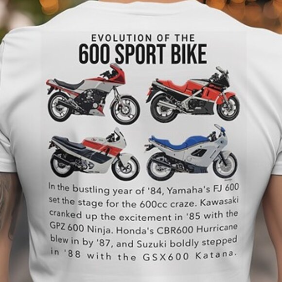 600 Sportbike Evolution Tee: Yamaha, Suzuki, Kawasaki, Honda - Picture 1 of 3